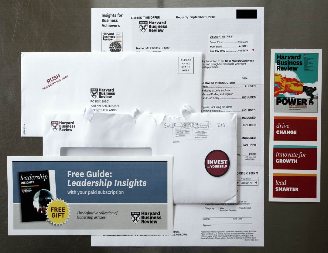 Photo of the Harvard Business Review letter and paraphernalia