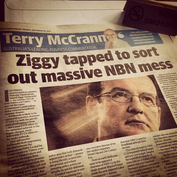 What a weird, weird article. What purpose does it serve Terry McCrann to hyperventilate about the NBN ‘disaster’? The Coalition has won the election and will implement its policies. Continuing to peddle the myth that the NBN is a disaster can't influence the election now, but it could backfire on McCrann etc if the Coalition's FttN turns out to be the disaster. I'm a big supporter of Labor's FttH but base my opinion on the technology details and I acknowledge that the Coalition's FttN model is reasonable — inferior but not terrible. But we won't know for years how it all turns out, so this kind of overblown reporting is just plain weird.