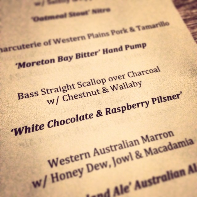 Scallop, Wallaby, White Chocolate and Raspberry Beer — tonight's pairing.