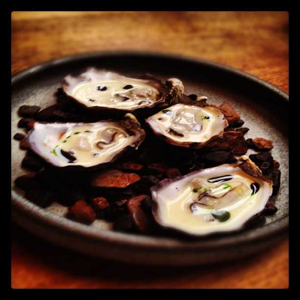 Amazing oysters! Bruny island oysters with shungiku vinegar emulsion and bay oil.