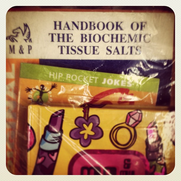 ‘Handbook of the Biochemic Tissue Salts’, ‘Practical Introduction to Yoga’, ‘Angels: A Guide’ and ‘Me & My Sexy Friend’. An obvious combination of books put together by the staff at Savers.