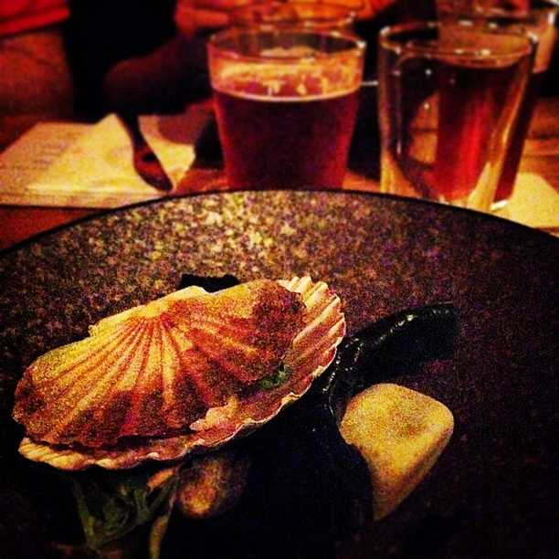 Bass Straight Scallop over Charcoal with Chestnut & Wallaby; White Chocolate & Raspberry Pilsner.